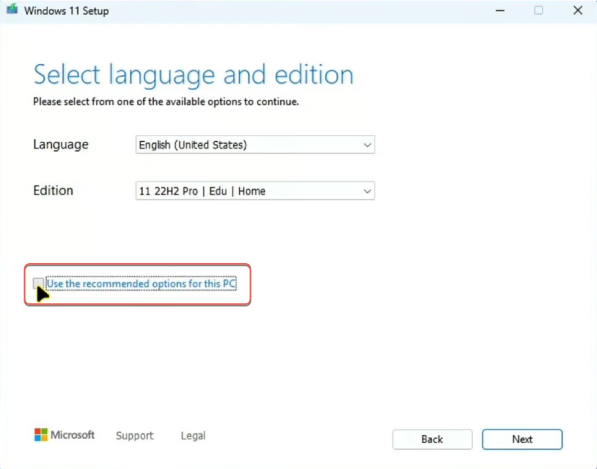 Select language and Windows edition