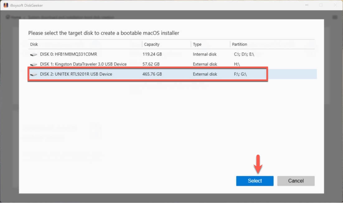select a drive as the destination for the bootable installer