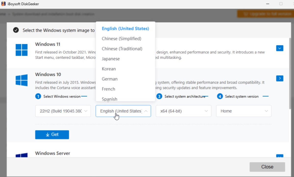 Elige un idioma para Windows 10 ISO