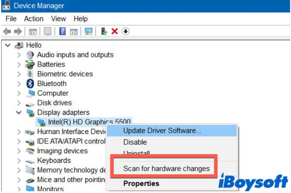 select Scan for hardware change