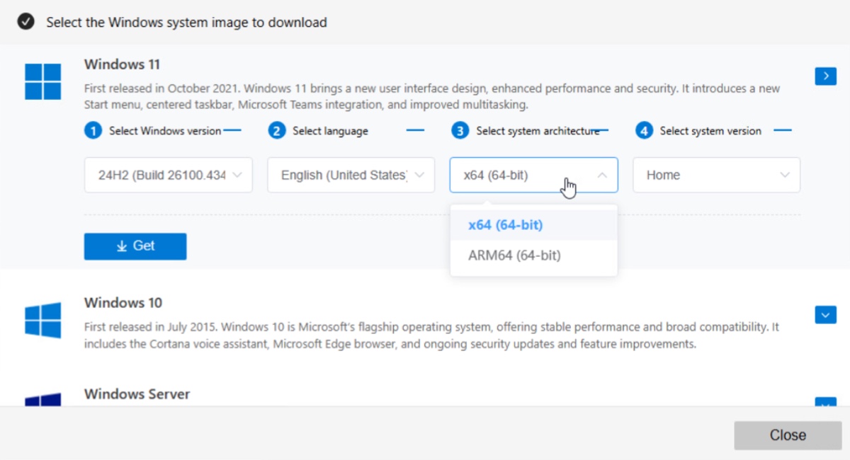 Choose 64-bit or Arm 64 for Windows 11 ISO