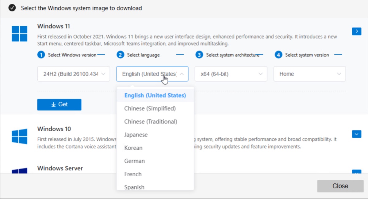 Choose a language for Windows 11 ISO update