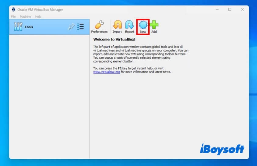 VirtualBox'ta Yeni'ye tıklayın