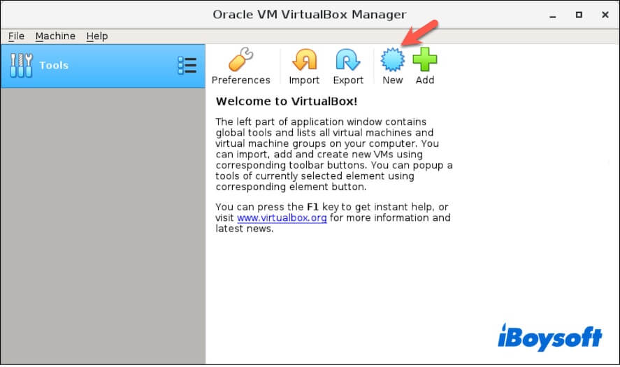click New on VirtualBox main interface