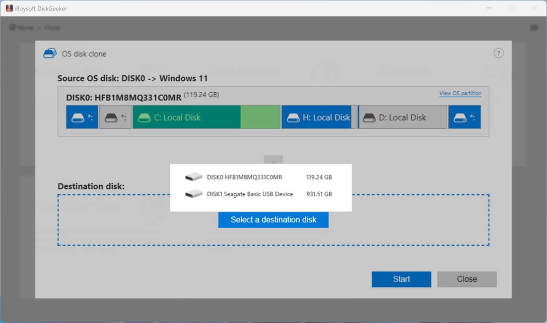 select target disk for Windows 11 OS disk clone 
