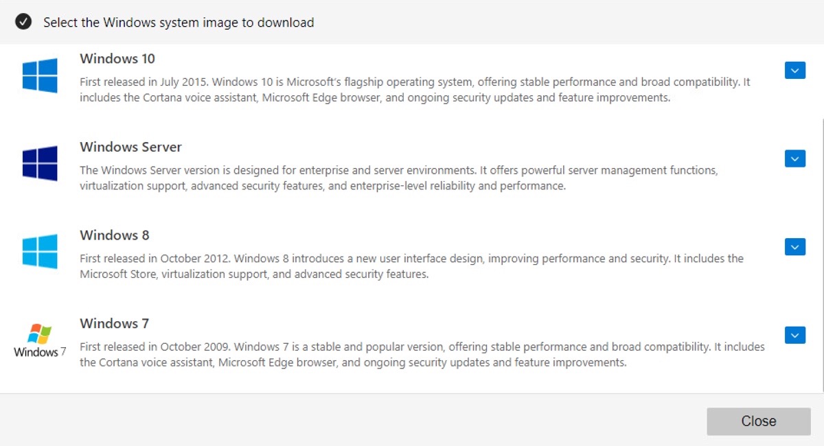 İndirilecek Windows sürümünün seçilmesi