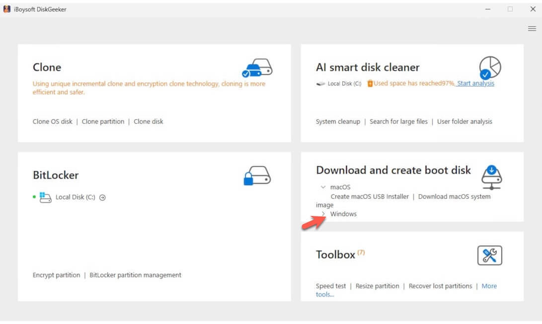 iBoysoft DiskGeeker for Windowsのメイン画面