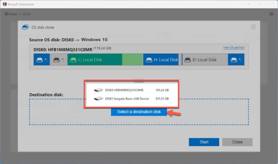 Windows 10 パーティションの保存先ディスク選択