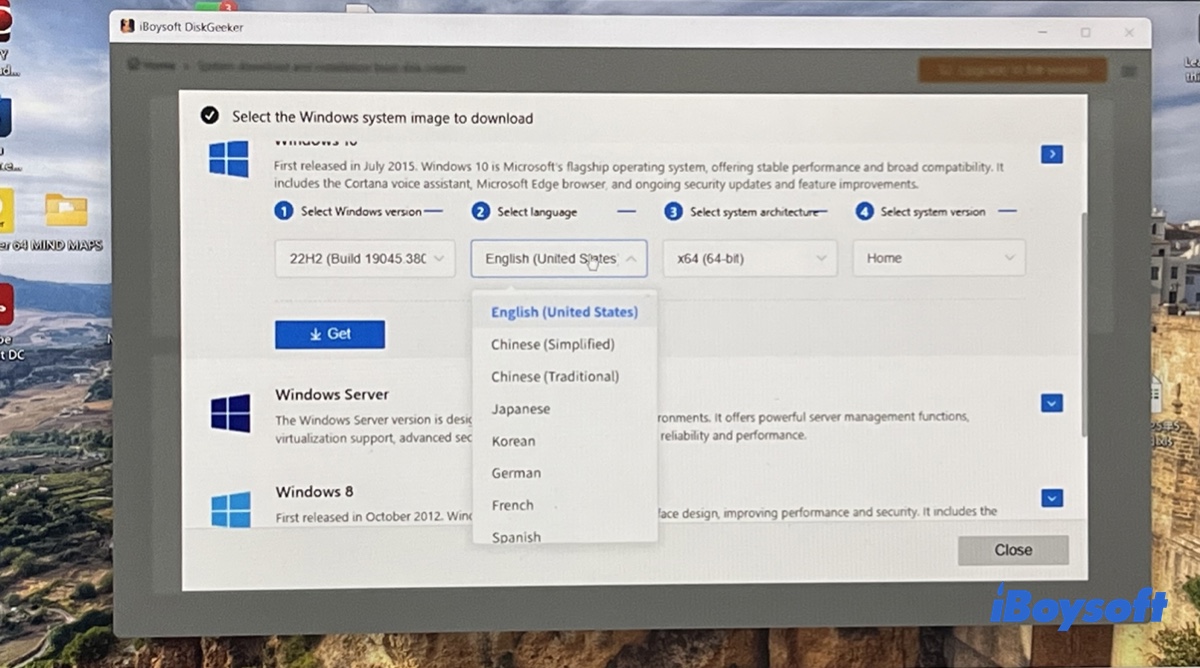 Selecting a language for the Windows 10 installer