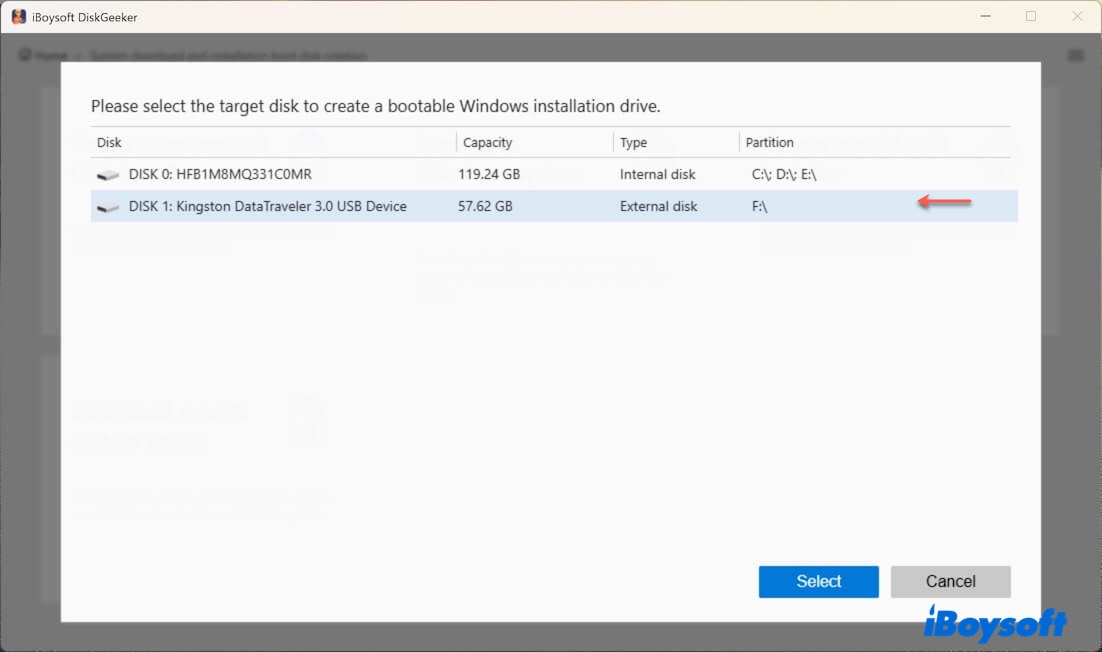 Select a disk to create a bootable USB installer