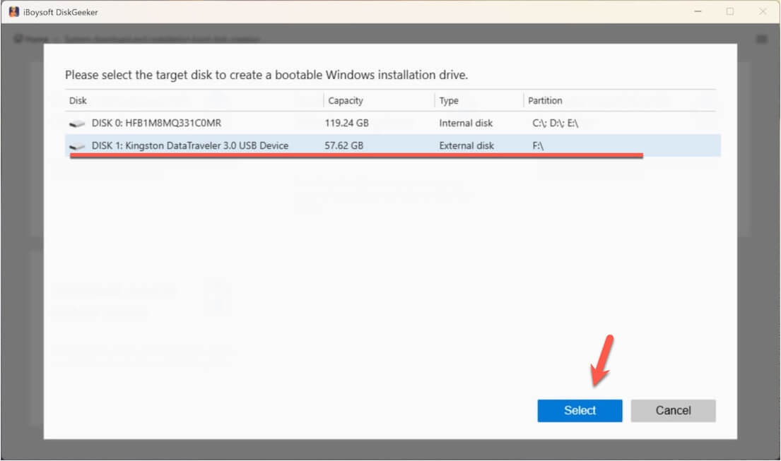 select a target disk for Windows 11 bootable drive