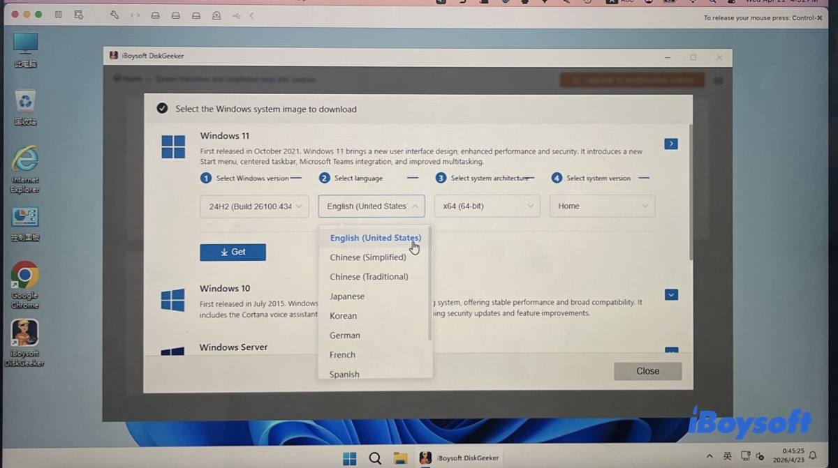 Sélection de la langue pour Windows 11
