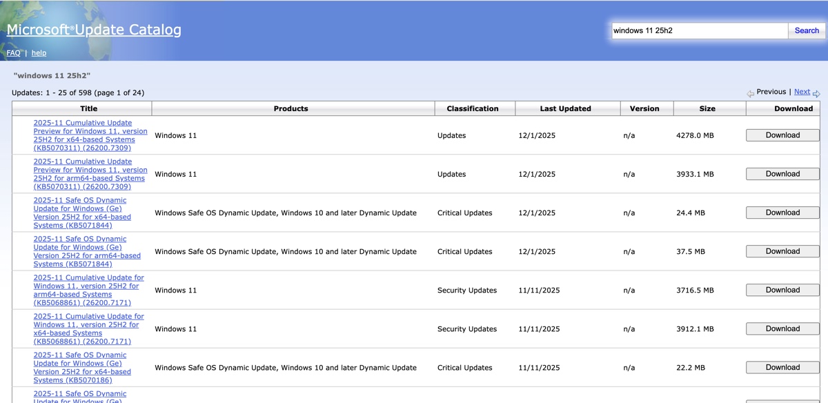 Téléchargement d’une mise à jour Windows 11 depuis le Catalogue