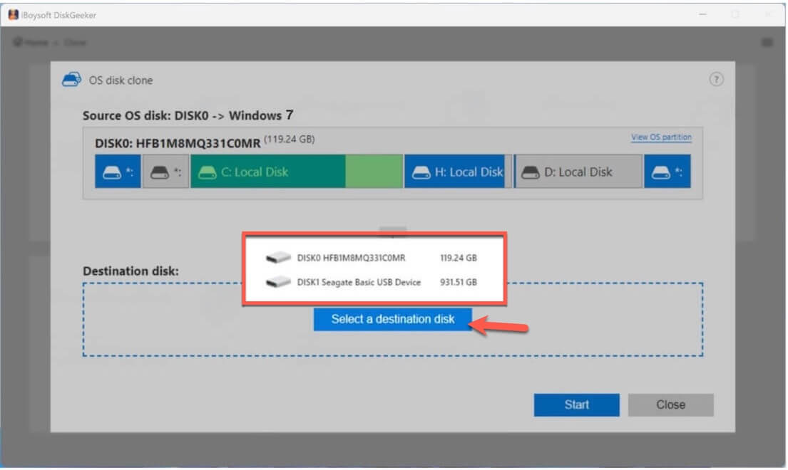 establecer destino para la partición del sistema operativo Windows 7