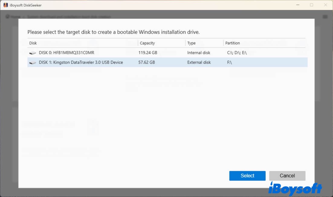 Choose external USB as target disk