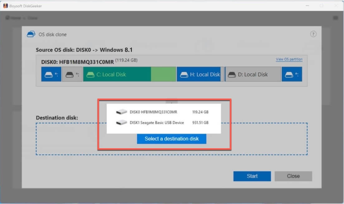 Windows 8.1 işletim sistemi bölümü için hedef disk seçimi