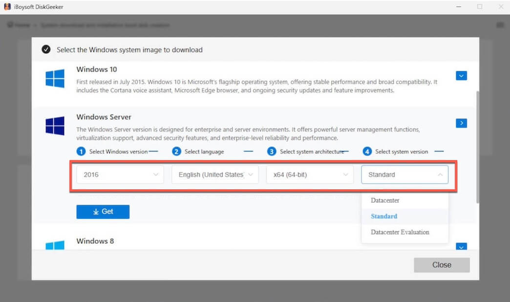 select Windows Server 2016 edition